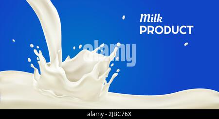 Milk product splash realistic background on blue background vector illustration Stock Vector