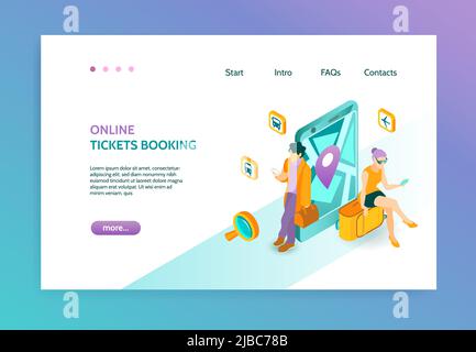 Online booking isometric landing page with people who book tickets with help of gadgets vector illustration Stock Vector