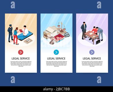 Isometric lawyer vertical banners set with images of book and court building with people and text vector illustration Stock Vector