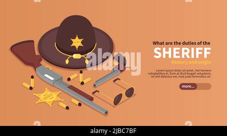 Isometric sheriff horizontal banner with editable text slider button and elements of marshals items and uniform vector illustration Stock Vector