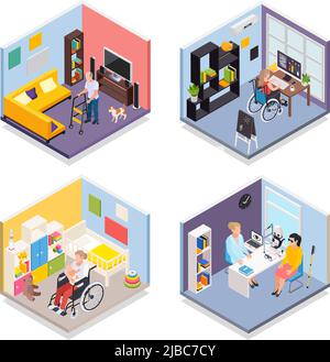 Young and elderly disabled people at home and hospital 2x2 isometric design concept 3d isolated vector illustration Stock Vector