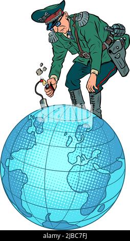 Warmonger, planet earth is in danger of war. Militaristic soldiers and the military ignite the fuse of dynamite. Explosion. pop art Retro vector Illus Stock Vector