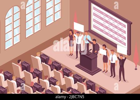 Election campaign isometric composition with indoor view of chamber hall with windows deputy seats and stage vector illustration Stock Vector