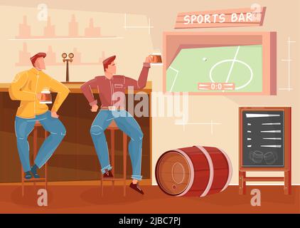 Flat background with two men drinking beer and watching football match in sports bar vector illustration Stock Vector