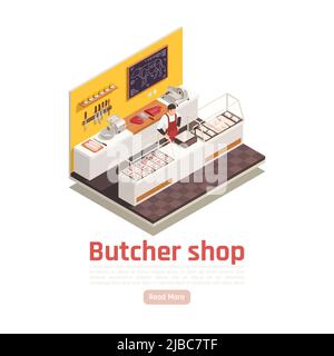Butcher shop isometric composition with beef cuts salesman sliced meat chicken fillets steaks on counter vector illustration Stock Vector