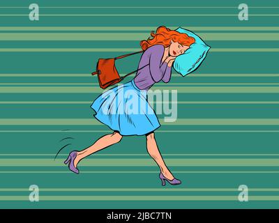 A tired businesswoman sleeps on the move. Goes to work in the morning with his head on a pillow. Pop Art Retro Vector Illustration 50s 60s Vintage kit Stock Vector