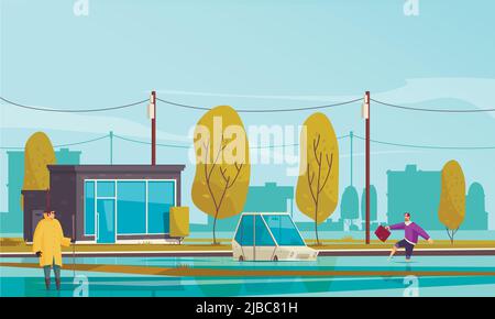 Natural phenomena background with flood and people symbols flat  vector illustration Stock Vector
