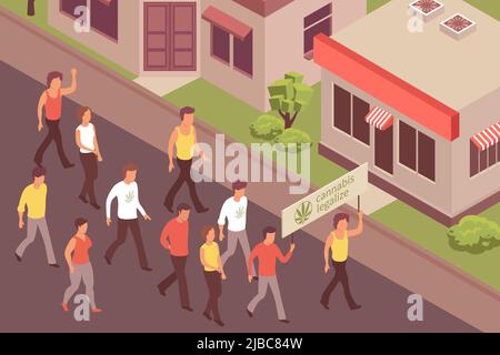 Cannabis legalization background with group of people holding poster going along street 3d isometric vector illustration Stock Vector