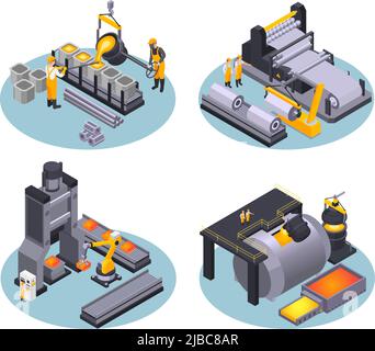Isometric metal industry plant 2x2 design concept with equipment for casting iron 3d isolated vector illustration Stock Vector