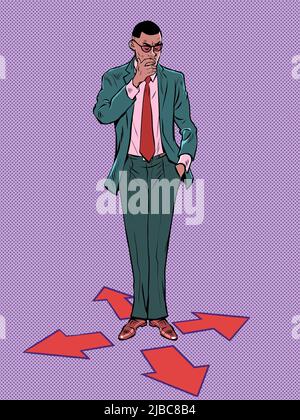 game character control right left forward back. Businessman at the fork. difficult decision. Pop art retro vector illustration kitsch vintage 50s 60s Stock Vector