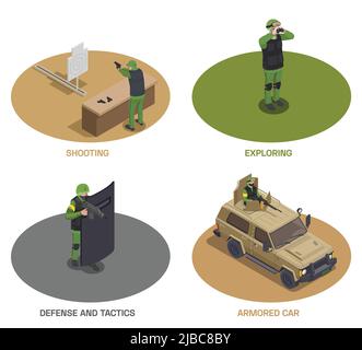 Army weapons soldier isometric set of four round compositions with armed special forces members and car vector illustration Stock Vector