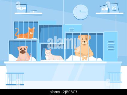 Animal shelter composition with indoor scenery and flat characters of pets in cages of different size vector illustration Stock Vector