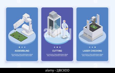 Semiconductor chip production isometric set of three vertical banners with page switches text and industrial facilities vector illustration Stock Vector