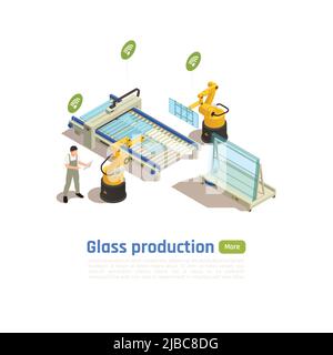 Modern glass production technology isometric composition with computer controlled robotic arm assembling on conveyor belt vector illustration Stock Vector