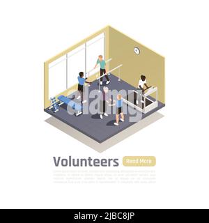 Charity donation volunteering isometric background with indoor scenery and people doing physical exercises with volunteers assistance vector illustrat Stock Vector