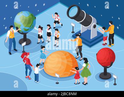 Isometric planetarium composition with human characters of children adults and starry sky with globes and telescope vector illustration Stock Vector