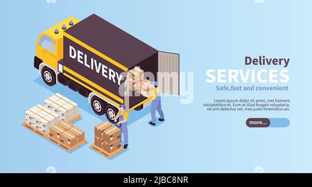 Reliable logistic services isometric landing page web banner with loading unloading local cargo delivery vehicle vector illustration Stock Vector