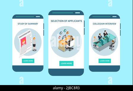 Best recruitment apps 3 isometric mobile screen designs with applicants selection interviewing candidates for employment vector illustration Stock Vector