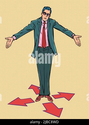 game character control right left forward back. Businessman at the fork. difficult decision. Pop art retro vector illustration kitsch vintage 50s 60s Stock Vector