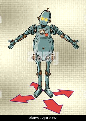 game character robot control right left forward back. Businessman at the fork. difficult decision Stock Vector