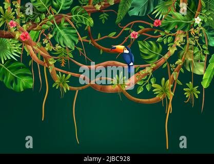 Realistic liana jungle composition with exotic tree branches with leaves flowers and bird on gradient background vector illustration Stock Vector
