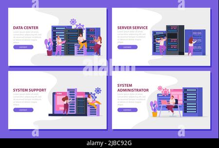 Flat 4x1 banners set with system administrators working in server room isolated vector illustration Stock Vector