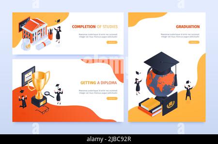 Isometric graduation diploma horizontal banners set with text clickable ...