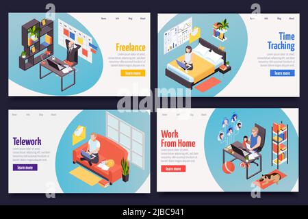 Remote distant work managing concept 4 isometric web banners with freelance teleworking home time tracking vector illustration Stock Vector