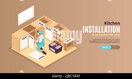 Isometric repairs kitchen horizontal banner with slider button editable text and images of repairman furniture installation vector illustration Stock Vector