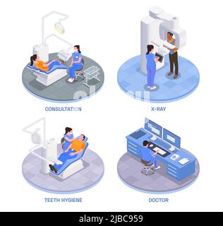 Stomatology clinic concept isometric icons set with teeth hygiene symbols isolated vector illustration Stock Vector