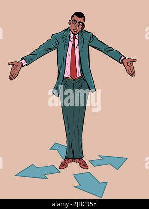 game character control right left forward back. Businessman at the fork. difficult decision Stock Vector
