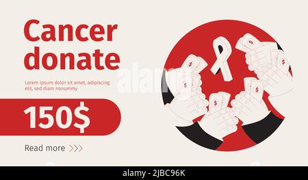 Cancer donate isometric banner with editable text read more button and human hands holding money banknotes vector illustration Stock Vector