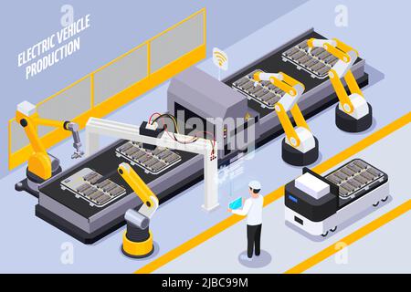 Electric vehicles production line isometric composition with automated remote controlled robotic arms assembly conveyor system vector illustration Stock Vector