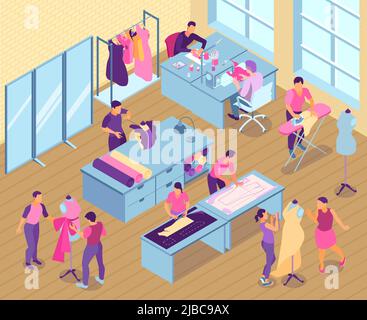 Isometric sewing studio illustration with seamstress and tailors work in the studio vector illustration Stock Vector