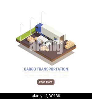 Cargo transportation logistic delivery isometric background with read more button text and truck on parking lot vector illustration Stock Vector