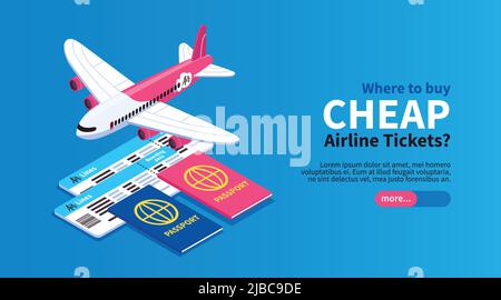 Cheap flights airline tickets book trip online horizontal isometric web banner with airplane passport blue background vector illustration Stock Vector