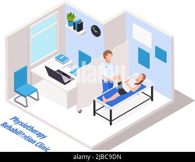 Rehabilitation clinic doctor office interior isometric composition with physiotherapist performing low limb strengthening treatment  vector illustrati Stock Vector