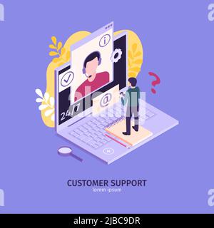 Isometric customer support faq composition with images of laptop computer human and mail envelope with text vector illustration Stock Vector