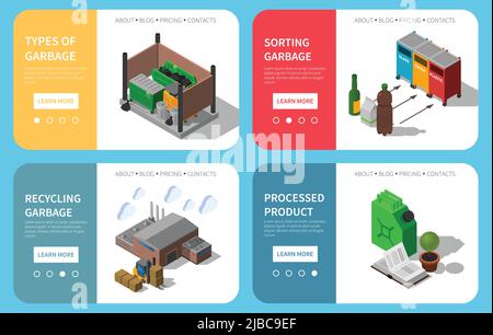 Waste sorting bins garbage collecting recycling processing info 4 isometric colorful compositions website design isolated vector illustration Stock Vector