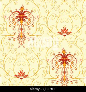 Seamless vector pattern with fire bird on white background. Phoenix wallpaper design with lotus flower. Victorian style curved lines fabric fashion. Stock Vector