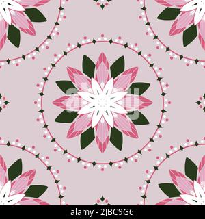 Seamless vector pattern with lotus flower circle on pink background. Simple vintage floral wallpaper design. Decorative water lily fashion textile. Stock Vector