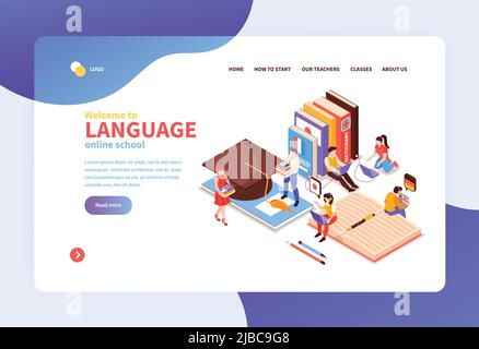 Online language center concept isometric landing page with downloadable courses textbooks native speakers audio certificate vector illustration Stock Vector