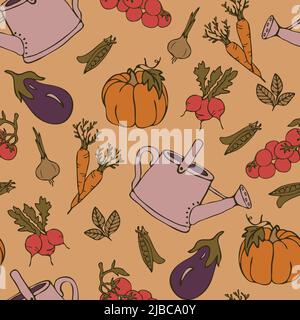 Seamless vector pattern with vegetables on yellow background. Vintage kitchen wallpaper design. Decorative summer garden fashion textile. Stock Vector