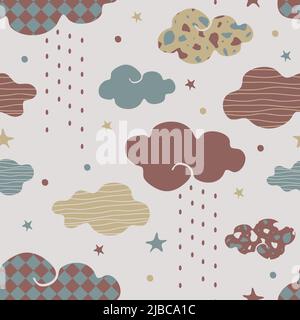 Seamless vector pattern with textured clouds on cream white background. Simple rainy weather wallpaper design. Decorative childish fashion textile. Stock Vector