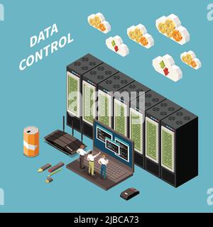 Datacenter isometric colored concept with data control headline and abstract server room vector illustration Stock Vector
