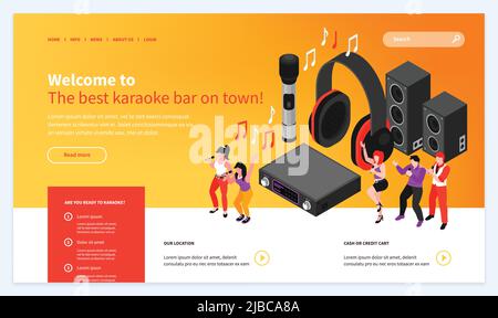Isometric karaoke website template design with clickable links text buttons and party people with audio equipment vector illustration Stock Vector