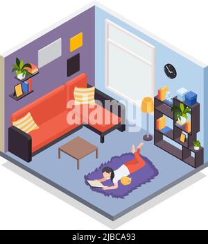People staying home distant work hobbies leisure isometric composition with girl reading on floor rug vector illustration Stock Vector