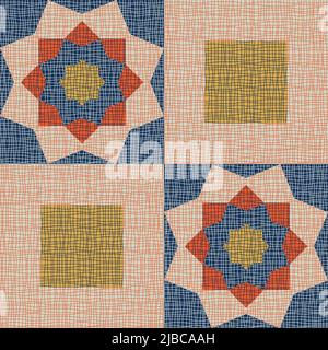 Seamless vector pattern with textured square patchwork on blue background. Simple retro quilt wallpaper design. Stock Vector