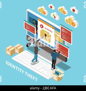 Isometric hacker fishing digital crime composition with identity theft description and abstract elements vector illustration Stock Vector