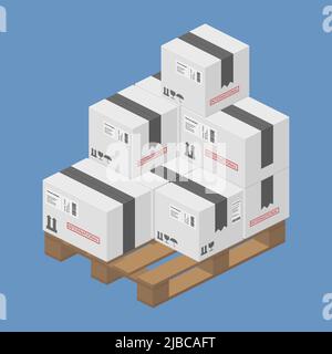 isometric cardboard box packages parcel detailed on wooden pallet vector flat illustration Stock Vector